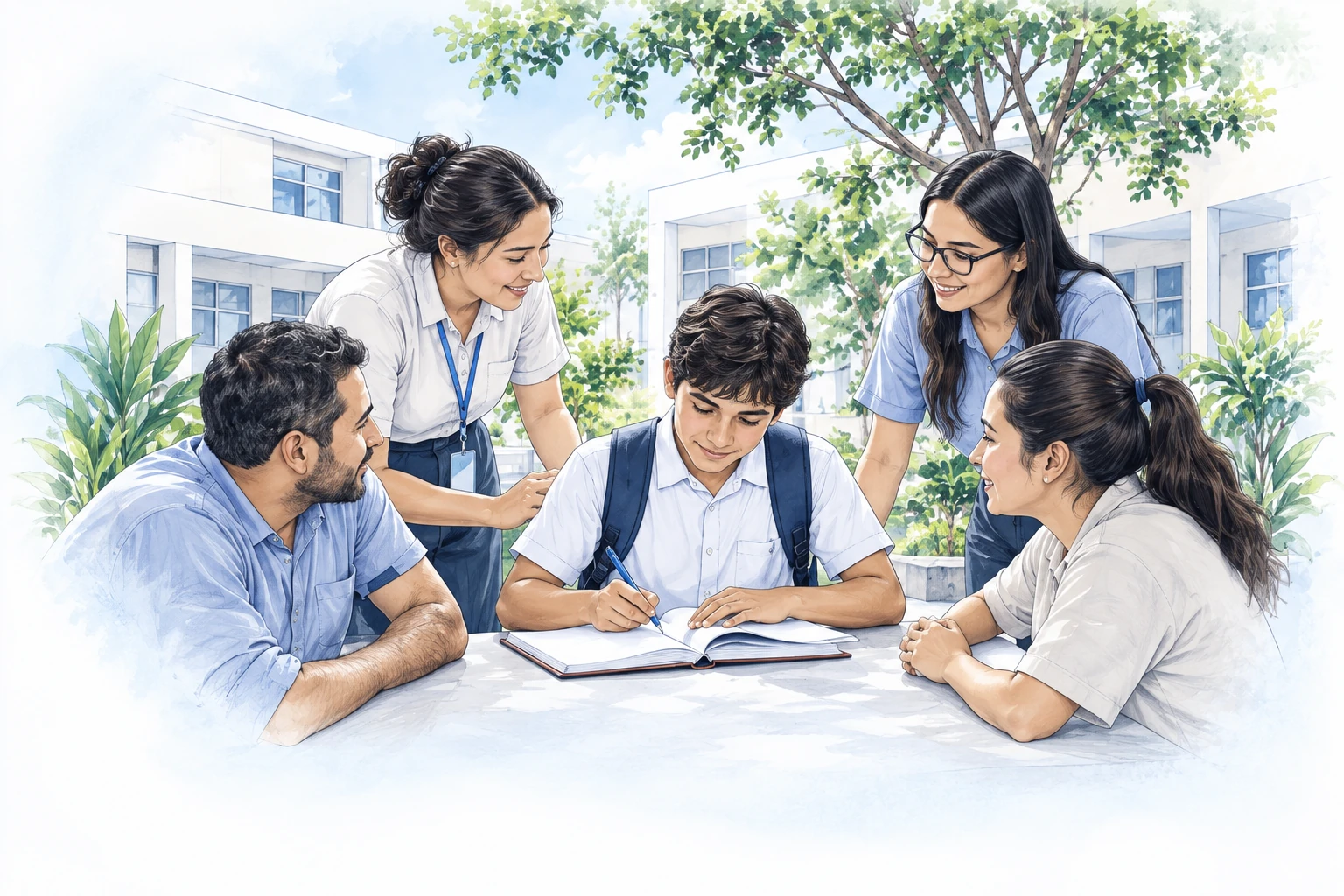 Un estudiante escribe acompañado por personas de su comunidad educativa.